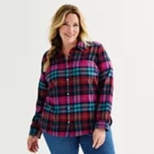 Croft & Barrow Extra Soft Plaid Flannel Button-Up Shirt in Pink and Blue, 2X
